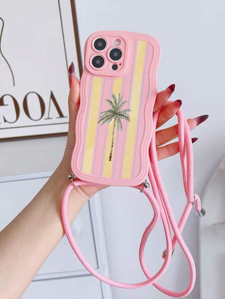 1 buah Casing Ponsel Fashion Kreatif Layar Penuh Motif Garis-garis Patchwork Pohon Kelapa, Tahan Guncangan Gelombang dengan Tali Gantungan Bertabur, Cocok Sebagai Hadiah, Kompatibel dengan Apple 11/12/13/14/14plus/15/15plus/16/16plus/17/17pro/17PM Pelindung - MultiWarna - View 1