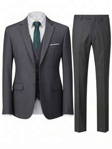 Setelan Jas Pria 3 Potong, Terdiri dari Blazer, Celana Panjang, dan Rompi, Jas Formal Modis untuk Pernikahan dan Pesta - Dark Grey - View 4