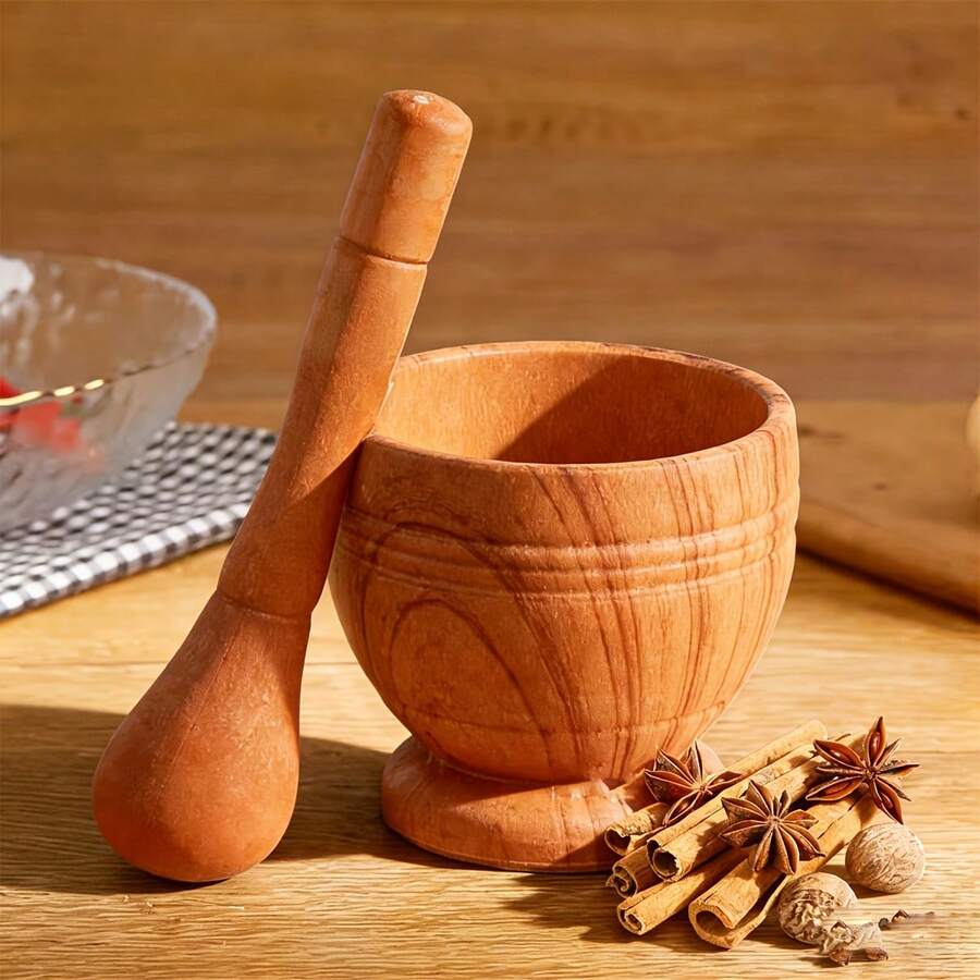 2-Pack Heavy-Duty Manual Mortar And Pestle, Kitchen Seasoning Tool For Mashing Garlic, Grinding Peppercorns And Pounding Ginger Juice, Garlic Crusher & Spice Grinding Bowl, Household Kitchenware Ideal For Christmas Gifts - Wood Grain Color - View 1