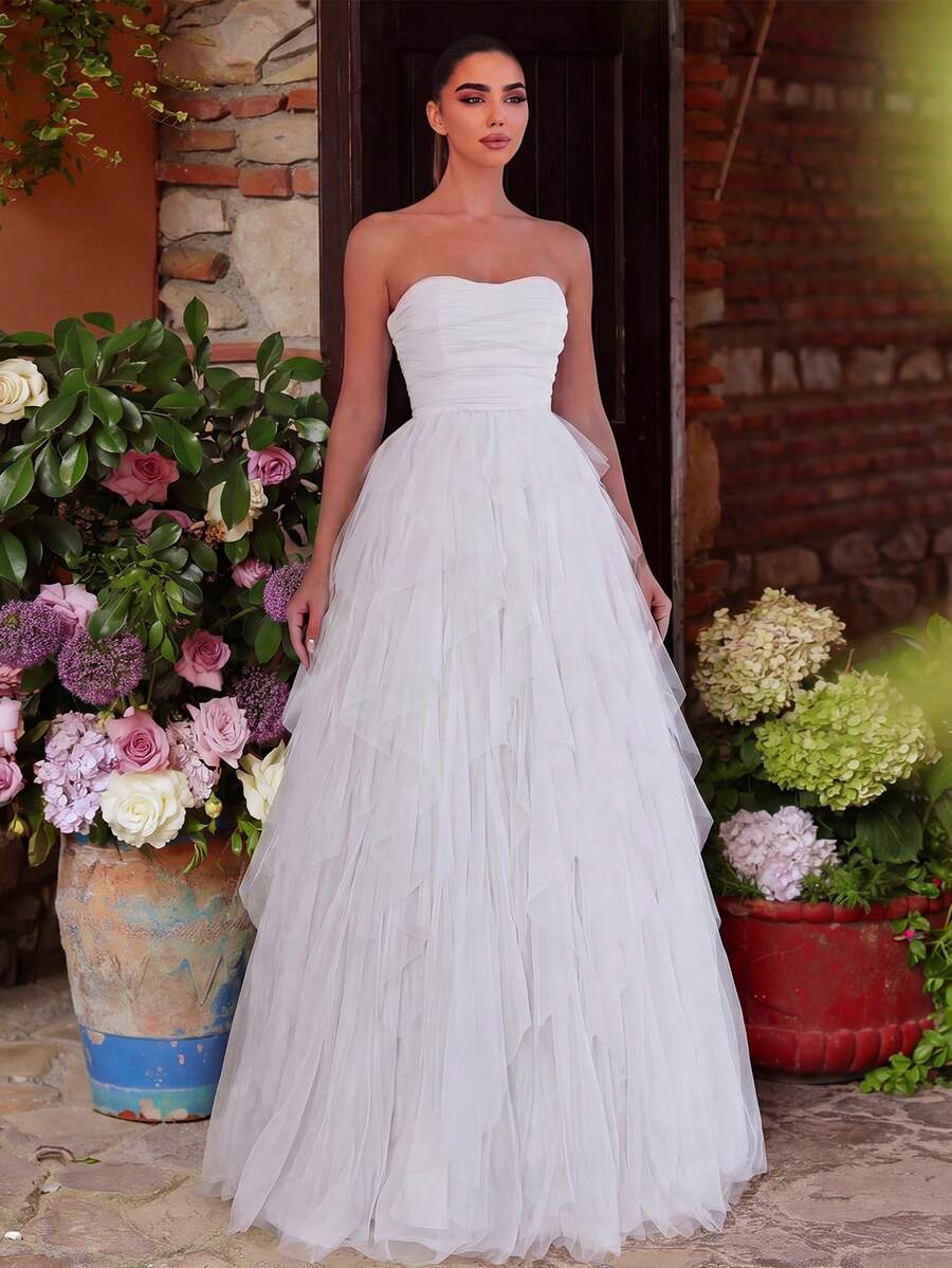 Faeriesty Romantic Strapless Bridal Gown, Layered Ruffled Tulle Dress, A-Line Silhouette, Perfect For Classic Weddings, Graduation, Evening Galas Elegant White