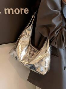 Hevel 1個時尚裂紋色大容量單肩包，斜背水餃包手提包，百搭，適合辦公、通勤、購物和度假禮物，女款銀色包 - 銀色 - 查看 5