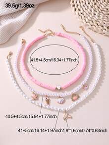 3pcs Girls Seed Bead Ocean Theme Shell Starfish Conch Pearl Necklace Set Combination Suitable For Daily Decoration, Vacation Decoration - Pink - View 4
