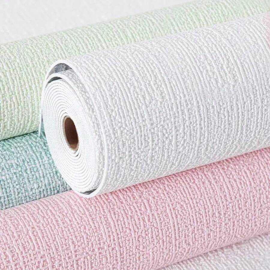 Papel tapiz de lino de imitación 3D, papel tapiz autoadhesivo de fondo grueso, renovación de dormitorio, decoración del hogar, pegatina de pared de espuma de PVC 2G1J - blanco azul - Ver 1