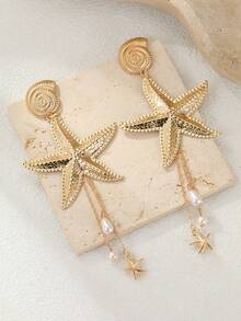 1 par de pendientes colgantes con borla de estrella de mar, concha marina, perla falsa y corazón, estilo playa para vacaciones de verano, pendientes de borla de cristal de alta gama de moda, adecuados para vacaciones en la playa, fiesta, uso diario, banquete, viaje, sesión de fotos, joyería - Amarillo Oro - Ver 2