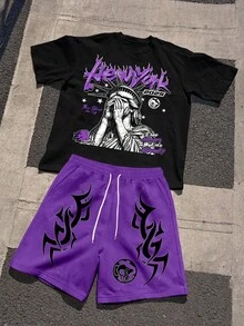 1pc camiseta  Set de  de camiseta de manga corta con cuello redondo y gráfico de letra casual y shorts para hombre, para verano 6NBN - Blanco - Ver 1