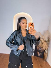 Women's Plus Size Black Faux Leather Jacket - Modern, Elegant, With Front Zipper | Casual Fashion Autumn/Winter - 黑色 - 查看 5