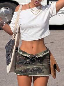 1pc Solid Color Asymmetric Neck Cropped T-Shirt, Casual & Date Wear, Spring/Summer - White - View 5