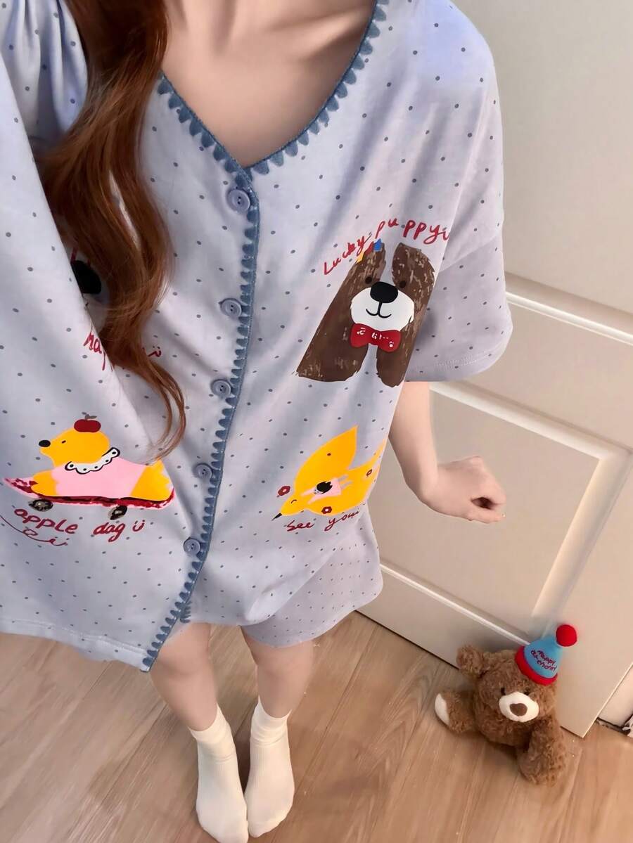 2件組女款睡衣家居服套裝，可愛動物印花鈕扣短袖簡約休閒時尚短褲，舒適居家，易打理面料 - 藍色 - 查看 1