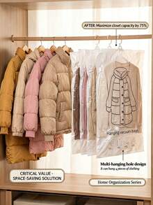1pc/3pcs/4pcs/5pcs Hanging Vacuum Compression Bags, Wardrobe Clothing Storage, Hanging Vacuum Storage Bags, Space-Saving Storage Space With Unique Hook Design, Clothes Can Be Directly Hung Into The Bag, No Folding Required, Completely Avoid Stubborn Creases Caused By Traditional Compression Bag Folding Storage, Especially Suitable For Suits/Coats/Silk Dresses And Other Wrinkle-Prone Clothing. Ready To Wear Upon Removal, Saving The Trouble Of Ironing. Suitable For Student Dormitory And Home Storage, Can Compress And Hang Off-Season Thick Clothing To Save Wardrobe Space. - Multicolor - View 7