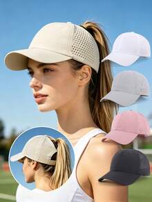 1 pieza Gorra de béisbol de malla transpirable de secado rápido de unicolor con orificio para coleta, gorra de béisbol ajustable, deportes al aire libre - Gorra de béisbol de secado rápido para coleta - Ver 1