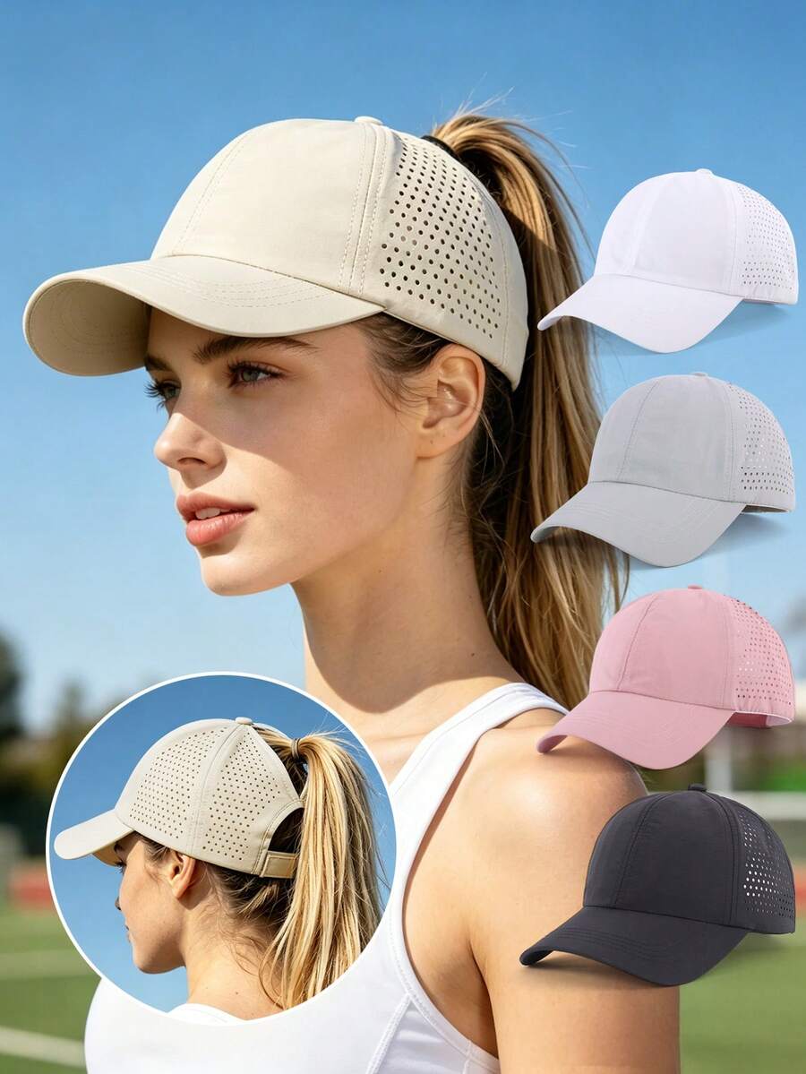 1 pieza Gorra de béisbol de malla transpirable de secado rápido de unicolor con orificio para coleta, gorra de béisbol ajustable, deportes al aire libre - Gorra de béisbol de secado rápido para coleta - Ver 1