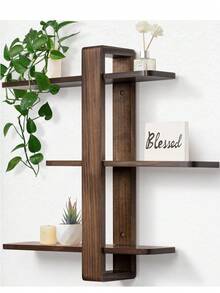 SUMGAR Wall Shelf, Walnut Color, Floating Shelf, Hanging Shelf, Larger, Practical Three-Tier Decorative Shelves Made Of Solid Wood For Living Room And Bedroom, Removable Shelves, 50x58cm - 棕色 - 查看 1