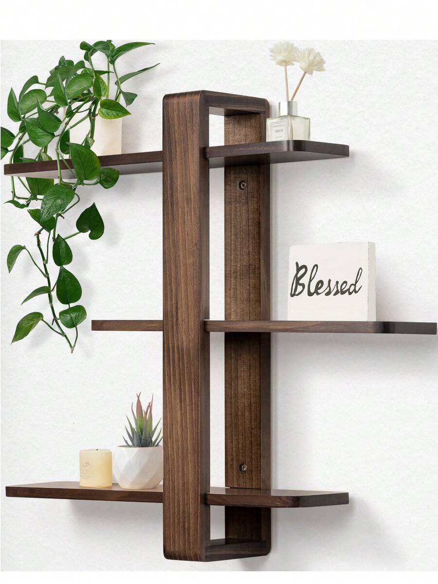 SUMGAR Wall Shelf, Walnut Color, Floating Shelf, Hanging Shelf, Larger, Practical Three-Tier Decorative Shelves Made Of Solid Wood For Living Room And Bedroom, Removable Shelves, 50x58cm - 棕色 - 查看 1
