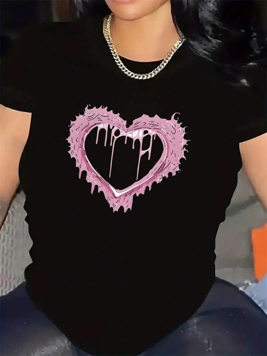 Camiseta de manga corta con diseño de corazón rosa | Tejido, ligero y duradero, ..., elasticidad media