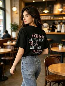Women'S Christian Bible Verse T-Shirt  God Is In Her Heart, She Will Not Fall  - Psalm 46 5   Casual Short Sleeve Round Neck Top, Suitable For Church - 黑色 - 查看 5