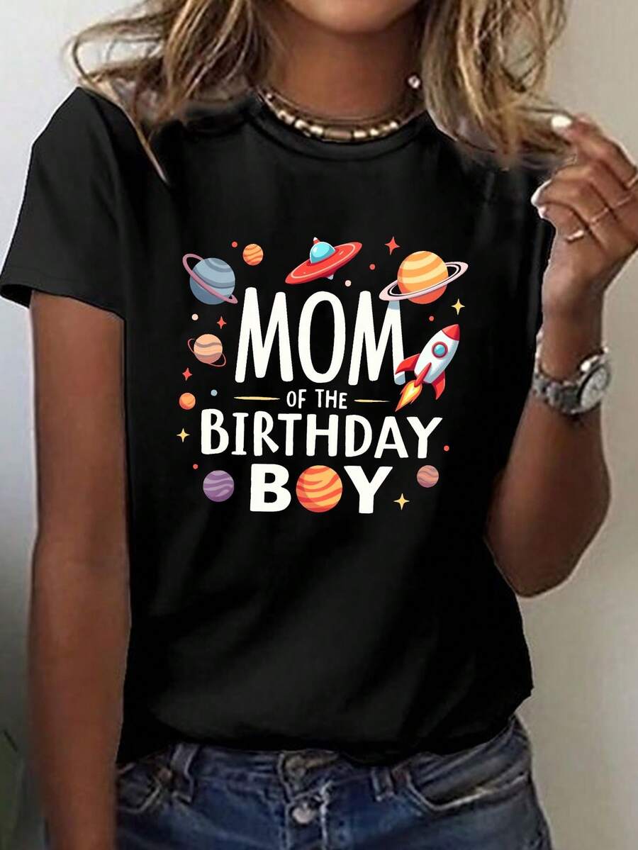 Camiseta Gráfica para Mujer "Madre del Cumpleañero" - Verde, Casual, Cuello Redondo, Manga Corta, Diseño con Temática Espacial, Poliéster, Ropa de Verano y Primavera, Ropa de Cumpleaños| Est - Negro - Ver 1