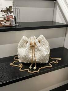 Bolso cubo mini con cordón y lentejuelas blancas en todo el Body, bolso de hombro con cadena de metal exquisita, bolso de mano de noche para fiestas de nicho - Blanco - Ver 3