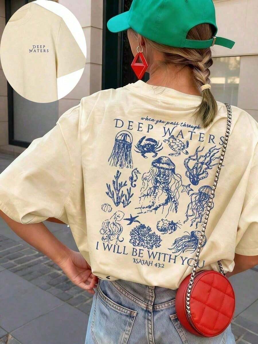 Casual T-Shirt 2026 Marine Animal Print Jellyfish Coral And Phrase Deep Waters Short Sleeve Beach Style Clothing Unisex - 杏色 - 查看 1