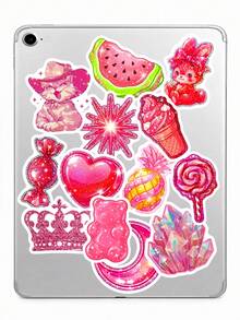 50Pcs Hot Pink Glitter Vinyl Stickers, Y2K Sparkly Cat, Gummy Bear, Strawberry, Ice Cream & Crystal Illustrations Decals, Waterproof Stickers For Skateboards, Luggage & Teen Room Decor - Coral Pink - View 3