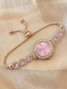1pc Women's Quartz Watch, Pink Crystal Bead Drawstring Bracelet Watch, Crystal Inlaid Alloy Case, Minimalist Diamond Dial, Gift, Daily Wear - Pink - View 9