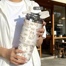 1/5pcs 30oz Large Capacity Stainless Steel Insulated Tumbler, Minimalist Line Art Cat Conversation Bubble Pattern, Comfortable Folding Handle, One-Piece Leak-Proof Flip Lid, All-Day Insulation, Suitable For Office, Picnic And Sports Gift - Kitten - View 5