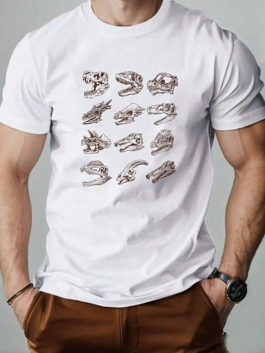 Men's Dinosaur Skull Print T-Shirt, 100% Cotton, Crew Neck, Short Sleeve, Casual Adult Summer T-Shirt, 1% Cotton, 1MEX - 黑色 - 查看 1