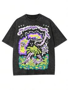 1 pieza de camiseta de manga corta estilo grunge para mujer con diseño abstracto de teñido anudado, top casual de cuello redondo para ropa de calle y fiestas, 230g de algodón 100%. - Negro - Ver 1