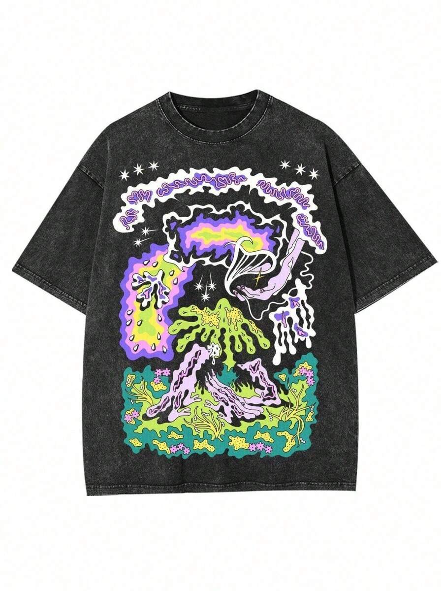 1 pieza de camiseta de manga corta estilo grunge para mujer con diseño abstracto de teñido anudado, top casual de cuello redondo para ropa de calle y fiestas, 230g de algodón 100%. - Negro - Ver 1