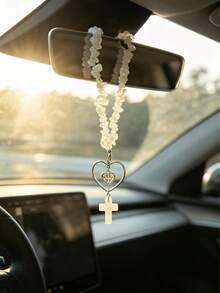 1pc Natural White Crystal Beaded Cross Heart Frame Car Rearview Mirror Hanging Ornament, Religious Faith Auto Interior Decor Charm - A - View 1