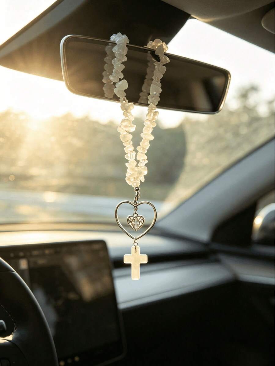 1pc Natural White Crystal Beaded Cross Heart Frame Car Rearview Mirror Hanging Ornament, Religious Faith Auto Interior Decor Charm - A - View 1