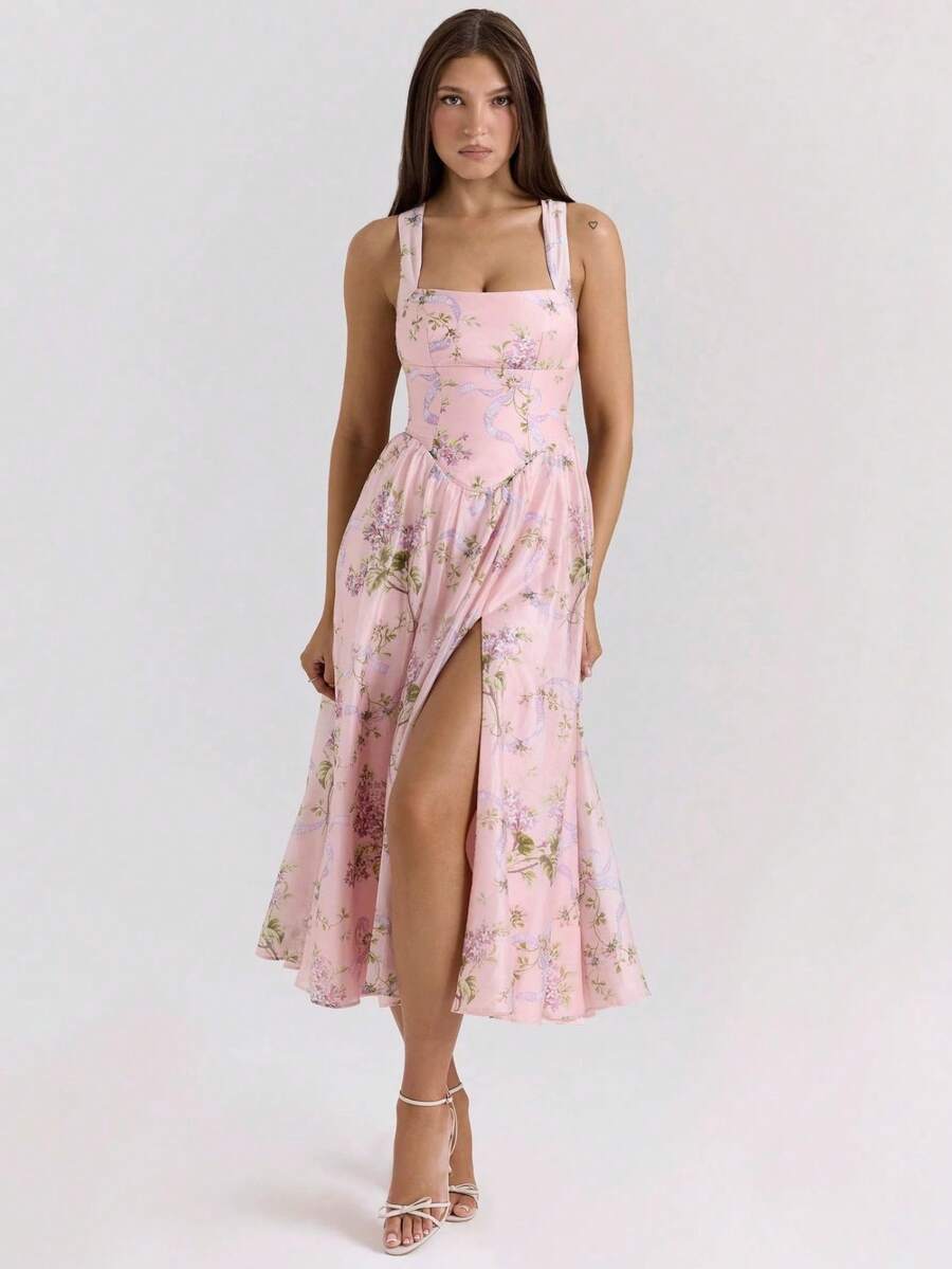 New French Halter Fitted Printed Dress - Baby Pink - View 1
