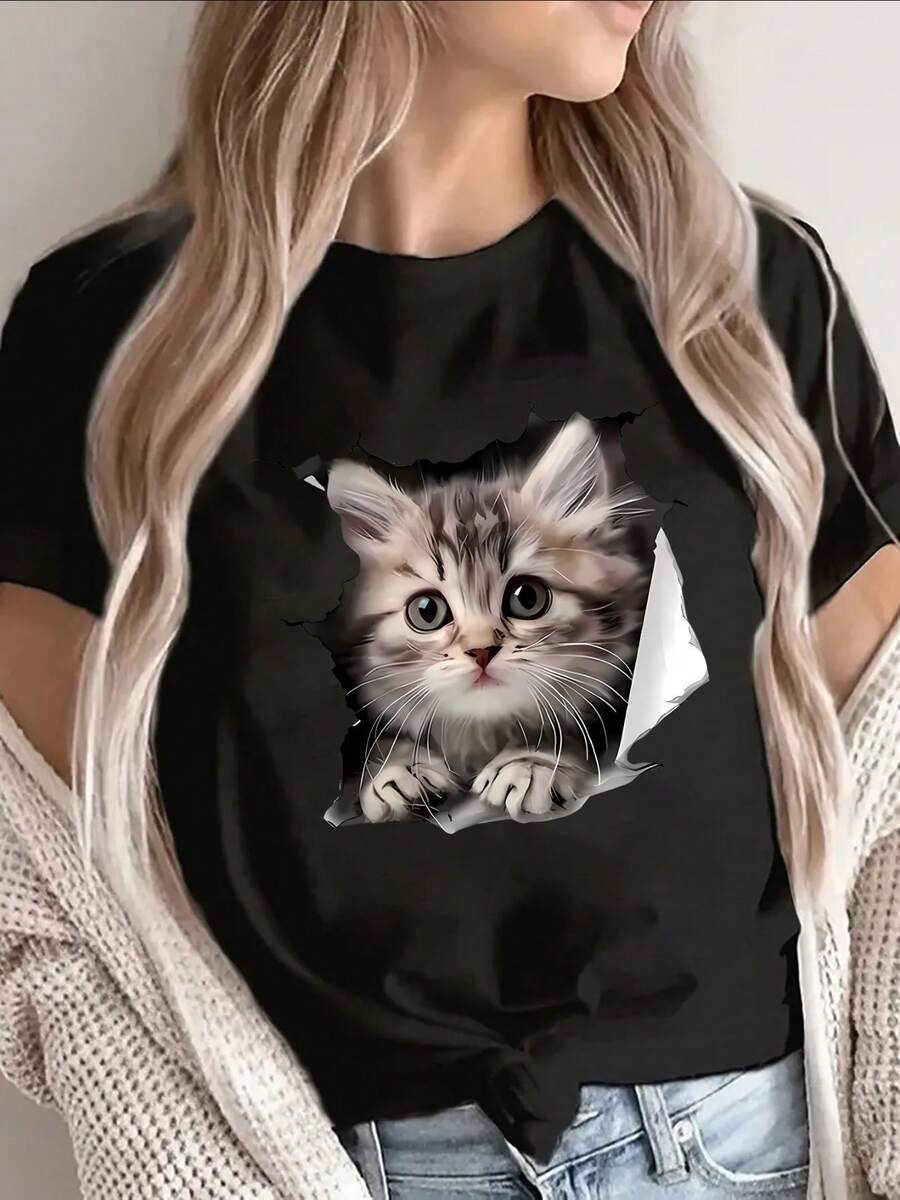 Camiseta de manga corta con estampado de gato 3D, ligera y duradera, ..., diseño elegante para uso diario