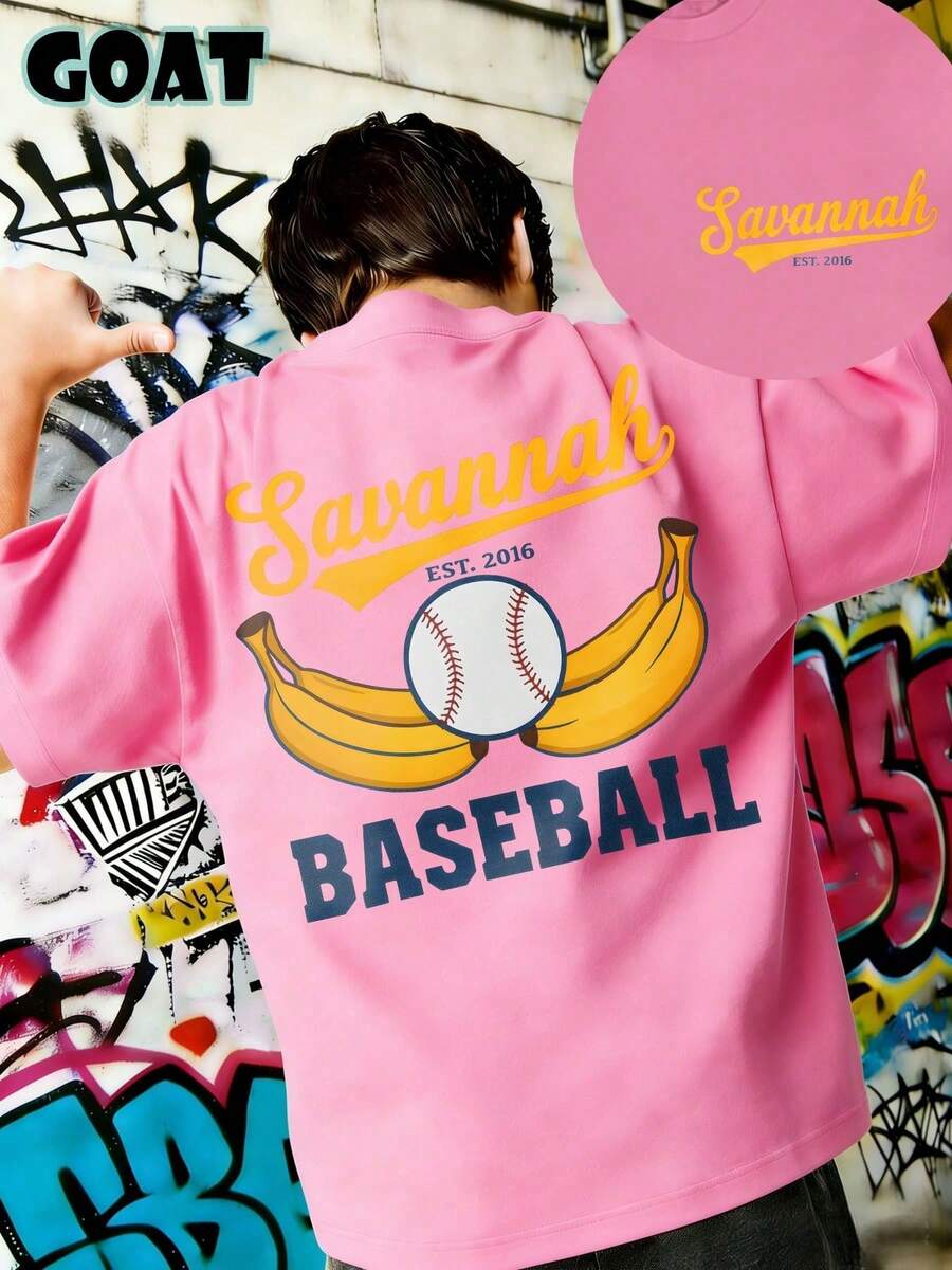 Savannah Baseball T-Shirts For Boys And Youth With Banana Ball Logo, Casual Short Sleeve Design, Sporty Style, Modern Graffiti, 180 Grams, 100% Cotton - 粉色 - 查看 1