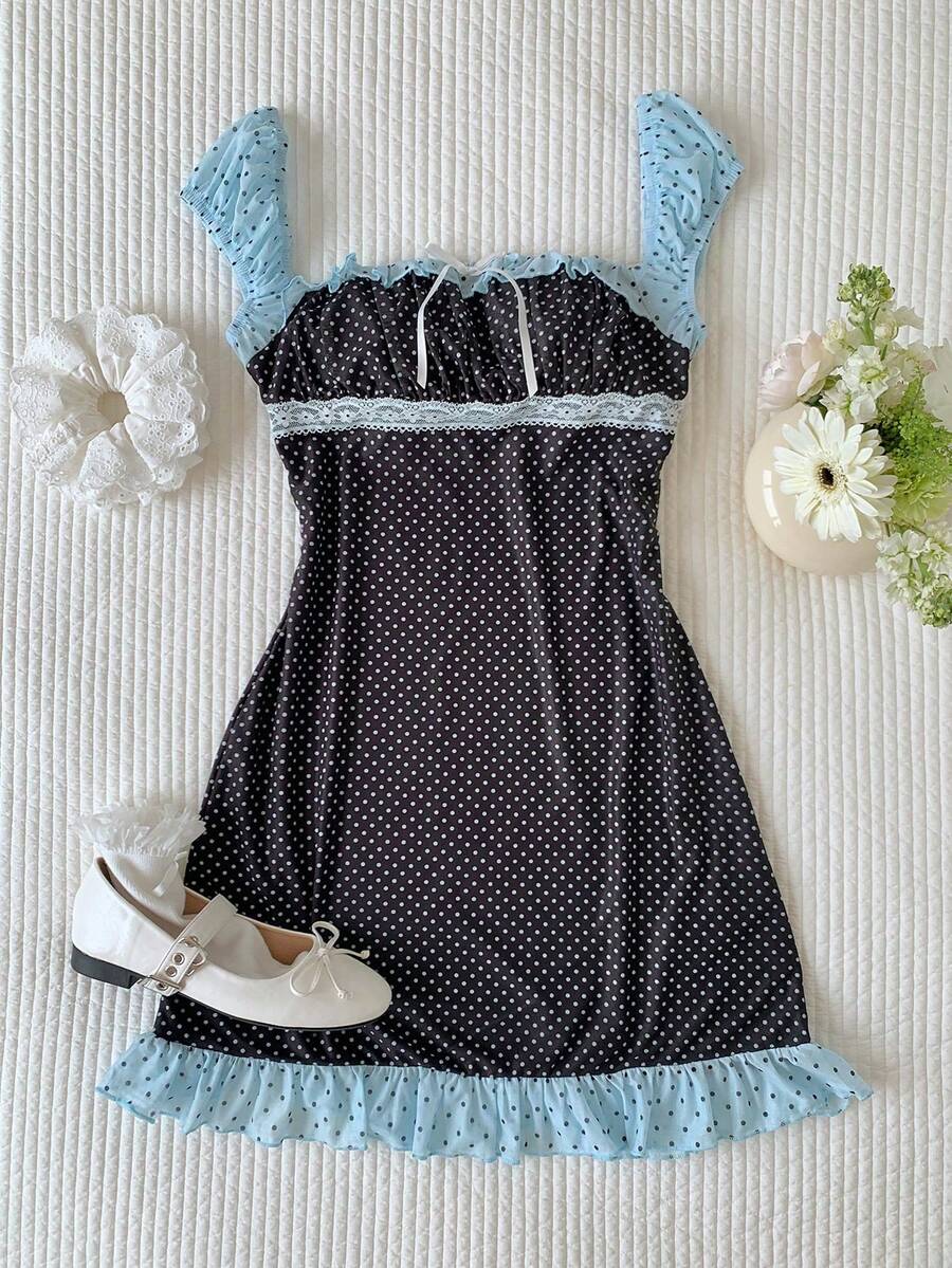 Vestido de mujer con estampado de lunares y parches de encaje - Negro - Ver 1