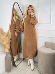 Women's Beige Camel Winter Dress, Long Sleeve, Premium Mousse Knit, High Neck, Puff Sleeves, Flanged Stitch Detail, Elegant Women's Dresses, Casual Chic Fashion For Evening, Comfortable Fit, Modern Design, Autumn/Winter - 駝色 - 查看 2
