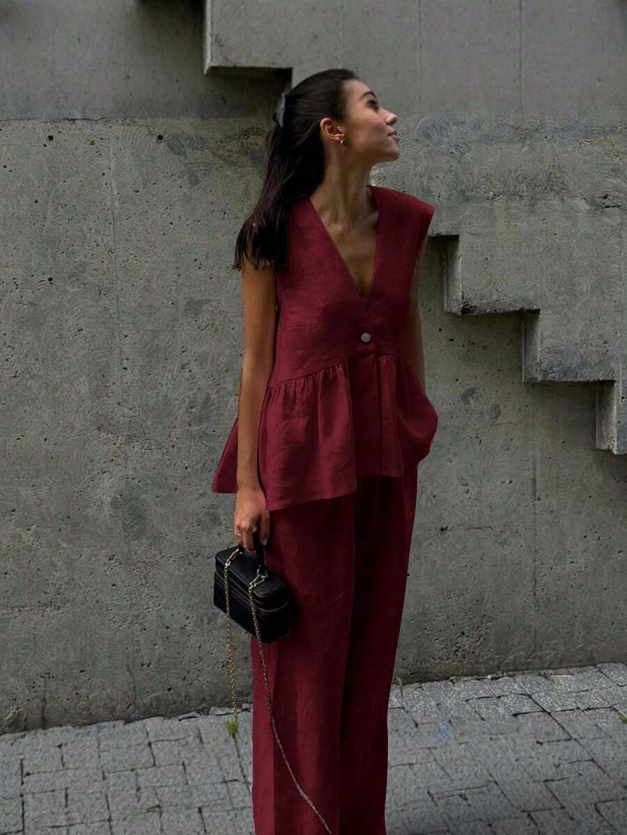 Women's 2-Piece Summer 2026 Set, Consisting Of A V-Neck Vest With Ruffled Hem And Trousers, In A Casual Yet Elegant Style, Made Of Linen, In Yellow. Casual Outfit. - 波爾多 - 查看 1