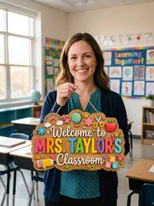 1pc Customized Teacher Name Door Sign, Personalized Wavy Edge Wooden Door Hanging Decor, Classroom Decoration, School Supplies, Back To School, Teacher Appreciation Gift, Teacher's Day Gift, Classroom Essential, New Teacher Welcome Gift, Personalized Gift - Multicolor - View 7