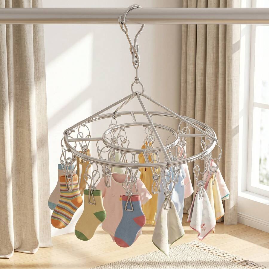 Tendedero multifuncional con múltiples pinzas para calcetines, ropa interior y ropa, para balcón y baño, organizador de almacenamiento, percha de lavandería portátil para interior y exterior, plegable, extensible y diseño ahorrador de espacio, accesorio esencial para el hogar - Ver 1