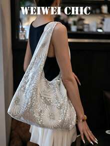 Silver Sequin Daisy Embroidered Shoulder Bag, Minimalist Label Decor Wide Strap Slouchy Underarm Bag, Large Capacity Casual Tote, 2026 Spring/Summer Fashion Essential For Women And Daily Outfit Enthusiasts, Perfect For Weekend Shopping, Coffee Dates, Friend Gatherings And Casual City Walks - View 1