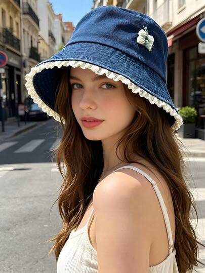 1pc Women's Cute Lace Trim Denim Bucket Hat, 2025 Spring New Style, Face-Slimming, Versatile Sun Protection Hat