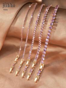 Hihho 1pc Multi-Size Full Zirconia Tennis Bracelet, Light Luxury Hip-Hop Style, Gold Base With Purple "Dense Zirconia Inlay + Tennis Chain Structure" Design, Combining Hip-Hop Sparkle And Light Luxury Jewelry Exquisite Texture. Suitable For Mature Styles, Ideal For Daily Outings, Outfits, Light Parties And More - Purple - View 8