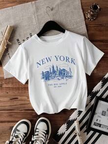 Casual T-shirtNew York Architecture Print Round Neck T-Shirt, Women Short Sleeve Top, Commuting & Casual Wear, Summer100% CottonDurable - Blanco - Ver 1