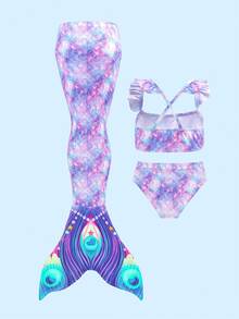 Set Bikini Putri Duyung untuk Anak Perempuan, Bawahan Segitiga dengan Tali Tipis, Pakaian Renang Motif Sisik Ikan untuk Liburan, Set 3 Potong - Mauve Purple - View 2