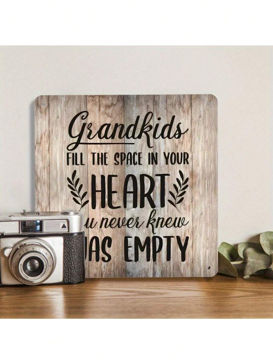 2D Flat, 1pc Vintage Style Wooden Sign, "Grandchildren Fill The Space In Your Heart" - Rustic Wall Decor With Heart And Leaf Pattern, Perfect For Living Room, Bedroom, Porch Or Grandparents Day Gift, Grandparents Gift | Vintage Wooden Sign | Warm Sentiment, Grandparents Gift - 1PC - View 1