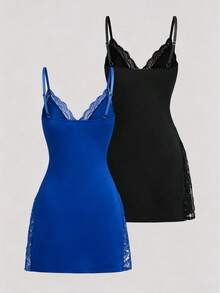 2-Piece Romantic Nightgown With Side Slit, Decorated With Lace And Bow - Multicolor 3 - View 7