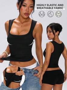 1 áo tank top thể thao 2 trong 1 cho nữ mùa xuân/hè, cổ chữ U cổ vuông, dây vai bản rộng, màu đen, vải gân co giãn cao, có đệm ngực tích hợp không cần mặc bra - màu đen - Xem 2