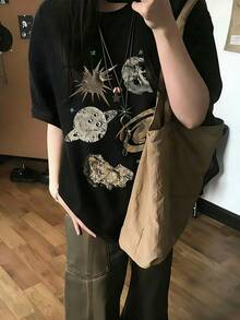 女款時尚春夏寬鬆圓領休閒百搭卡通字母星空印花短袖T恤夏季上衣黑色 - 黑色 - 查看 3