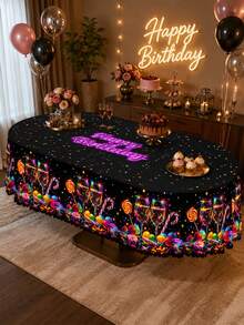 A Neon Candy Printed Polyester Tablecloth, Black Multicolored Happy Birthday Tablecloth, Suitable For Birthday Parties, Cake And Dessert Parties, Family Gatherings, Multi-Functional Decorative Tablecloths, And Indoor Holiday Decorations. - A - View 8