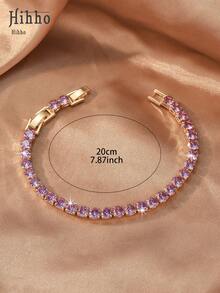 Hihho 1pc Multi-Size Full Zirconia Tennis Bracelet, Light Luxury Hip-Hop Style, Gold Base With Purple "Dense Zirconia Inlay + Tennis Chain Structure" Design, Combining Hip-Hop Sparkle And Light Luxury Jewelry Exquisite Texture. Suitable For Mature Styles, Ideal For Daily Outings, Outfits, Light Parties And More - Purple - View 10