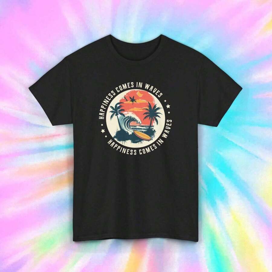 La felicidad llega en oleadas - Camiseta |     Gráfico Vintage de Surf |     Camiseta con Estilo de Playa |     S-5X,ropa de hombre,mexico,playeras de hombre,camisas para hombre,playeras de - Negro - Ver 1